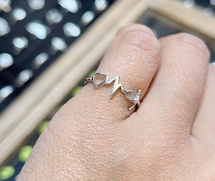 EKG Heart sterling silver ring