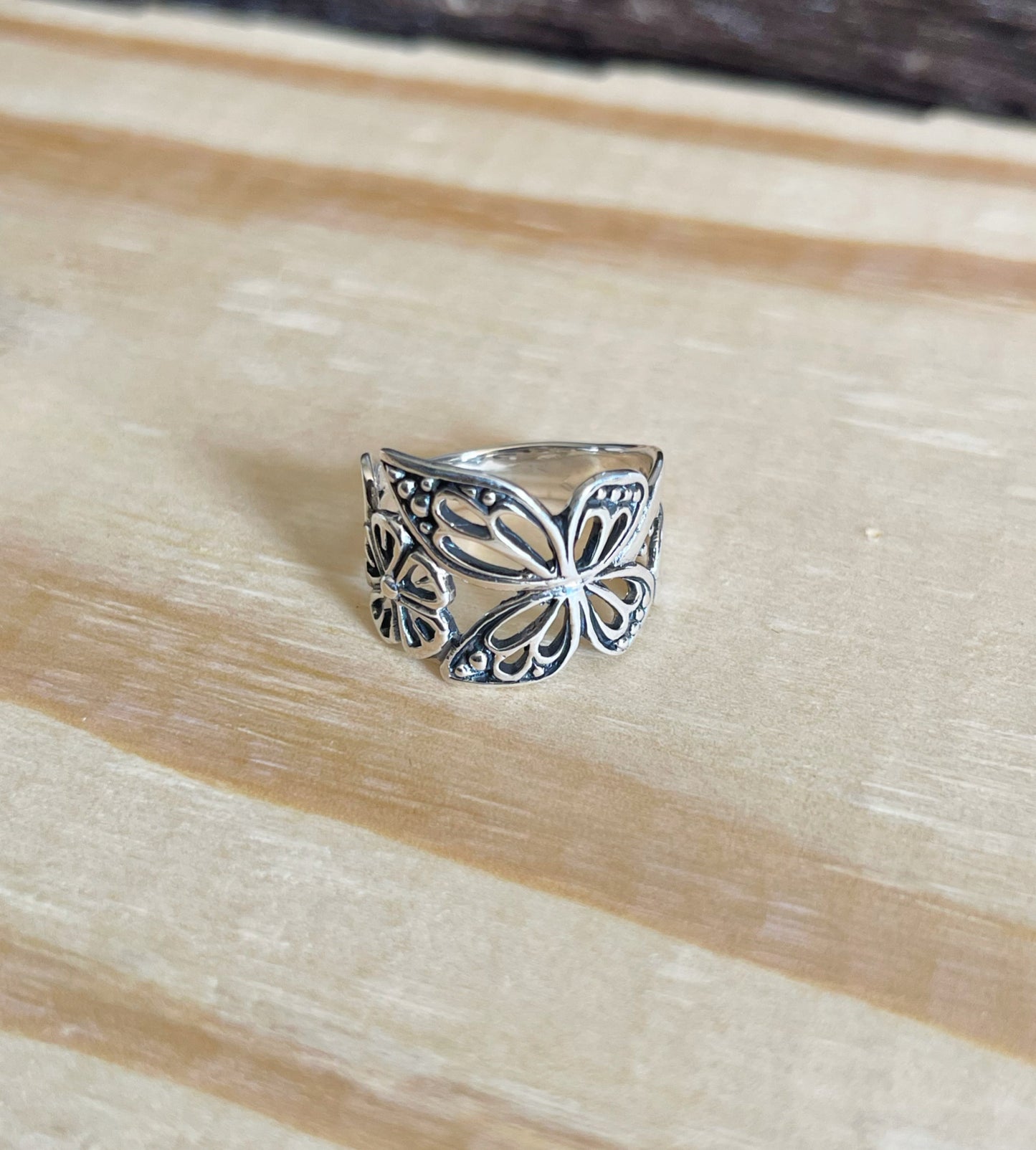 Large butterfly sterling silver ring