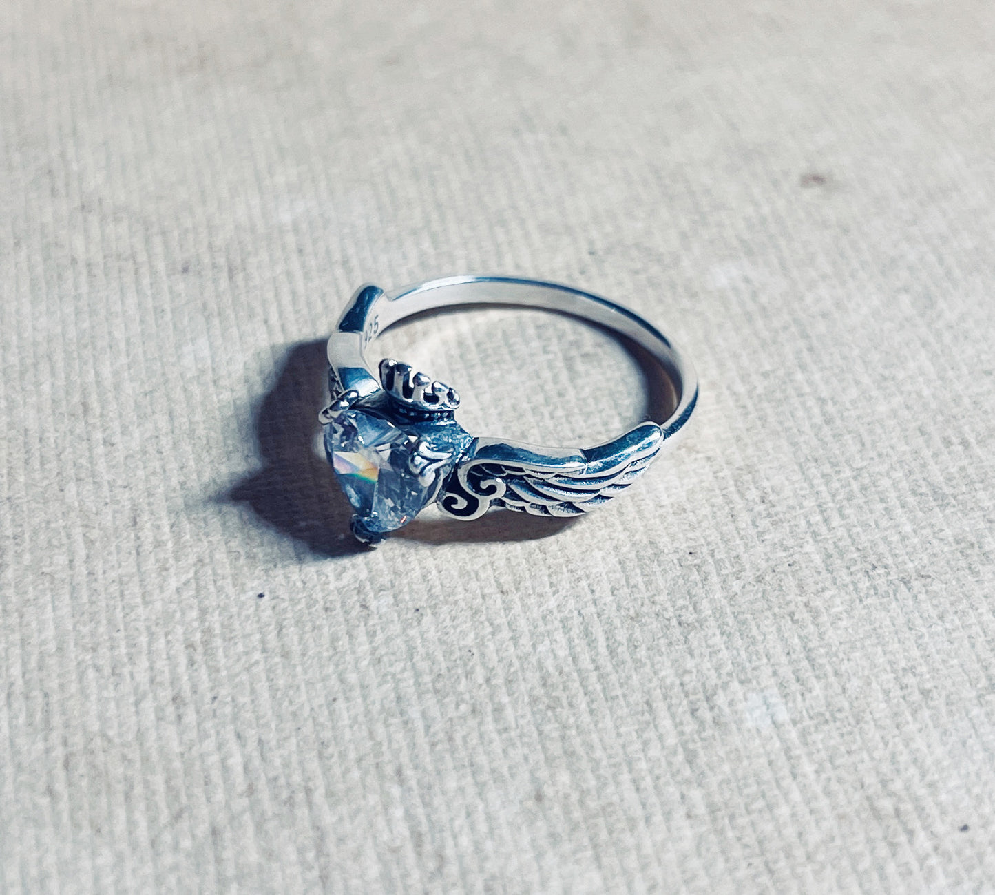 Wings with Heart CZ sterling silver ring