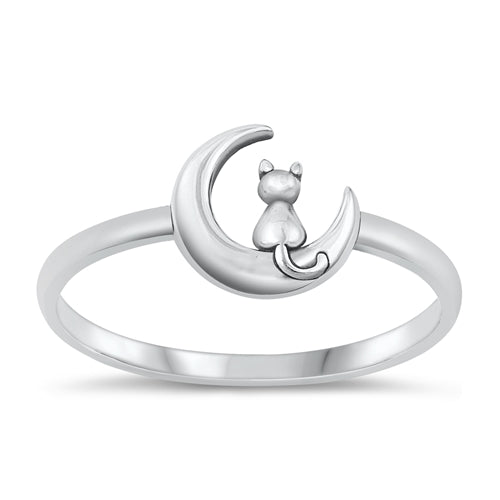 Cat and Moon sterling silver ring
